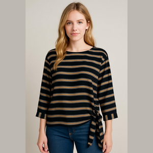 J.O.A. black and tan striped 3/4 sleeve blouse with side tie, zipper back, Small